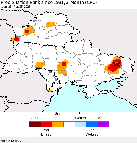 Ukraine, Moldova and Belarus Precipitation Rank since 1981, 3-Month (CPC) Thematic Map For 1/26/2025 - 4/25/2025