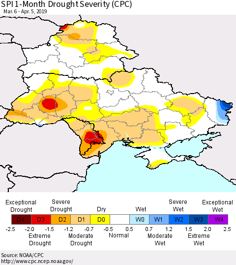 Ukraine, Moldova and Belarus SPI 1-Month Drought Severity (CPC) Thematic Map For 3/6/2019 - 4/5/2019
