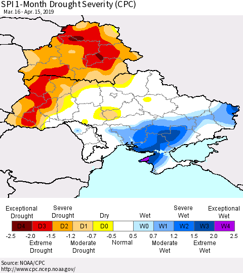 Ukraine, Moldova and Belarus SPI 1-Month Drought Severity (CPC) Thematic Map For 3/16/2019 - 4/15/2019