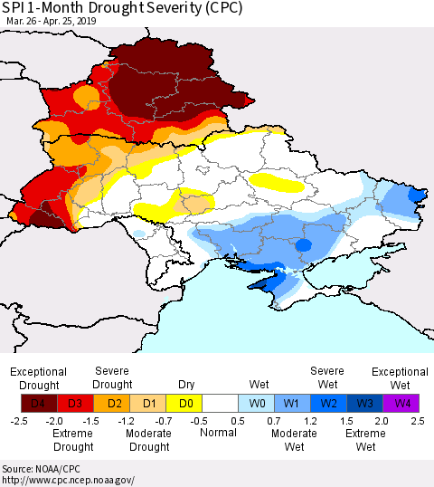 Ukraine, Moldova and Belarus SPI 1-Month Drought Severity (CPC) Thematic Map For 3/26/2019 - 4/25/2019