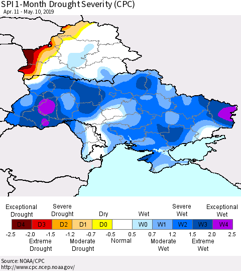 Ukraine, Moldova and Belarus SPI 1-Month Drought Severity (CPC) Thematic Map For 4/11/2019 - 5/10/2019