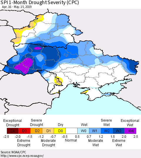 Ukraine, Moldova and Belarus SPI 1-Month Drought Severity (CPC) Thematic Map For 4/16/2019 - 5/15/2019