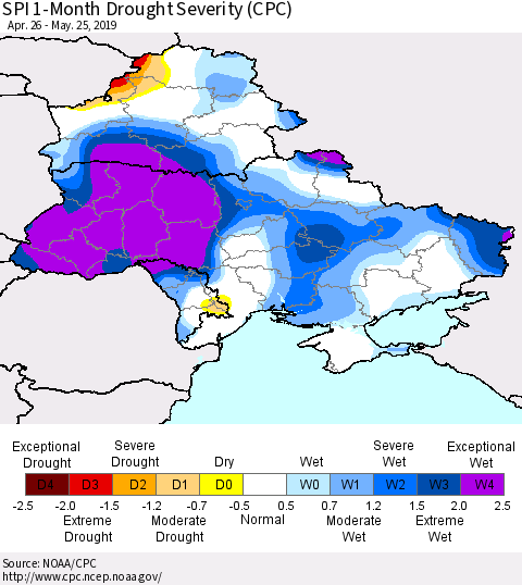 Ukraine, Moldova and Belarus SPI 1-Month Drought Severity (CPC) Thematic Map For 4/26/2019 - 5/25/2019