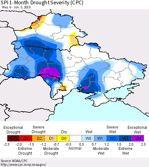 Ukraine, Moldova and Belarus SPI 1-Month Drought Severity (CPC) Thematic Map For 5/6/2019 - 6/5/2019