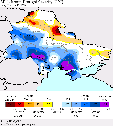 Ukraine, Moldova and Belarus SPI 1-Month Drought Severity (CPC) Thematic Map For 5/11/2019 - 6/10/2019