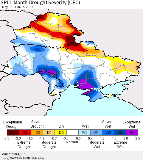 Ukraine, Moldova and Belarus SPI 1-Month Drought Severity (CPC) Thematic Map For 5/16/2019 - 6/15/2019