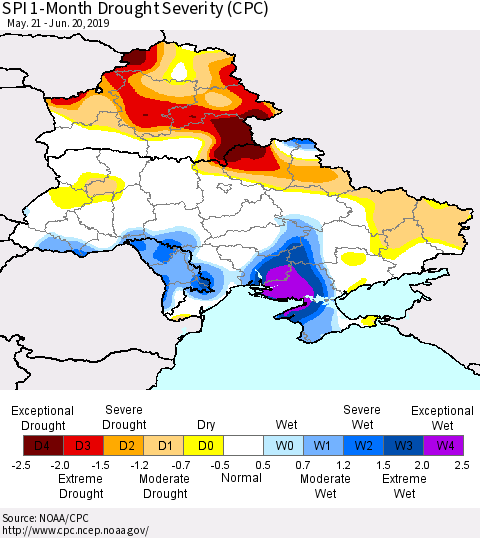 Ukraine, Moldova and Belarus SPI 1-Month Drought Severity (CPC) Thematic Map For 5/21/2019 - 6/20/2019