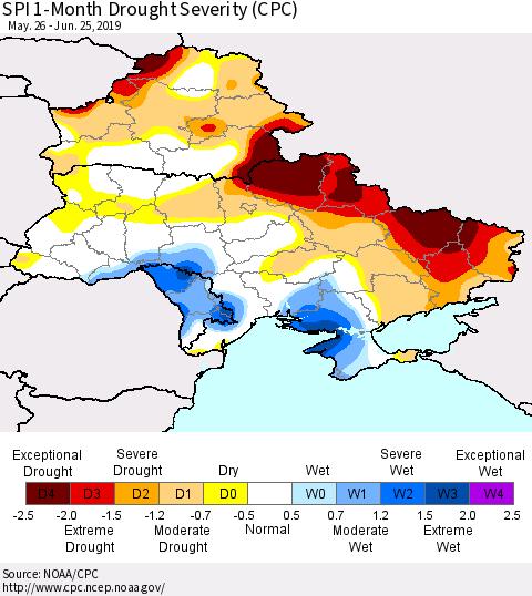 Ukraine, Moldova and Belarus SPI 1-Month Drought Severity (CPC) Thematic Map For 5/26/2019 - 6/25/2019