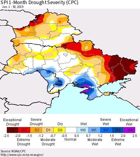 Ukraine, Moldova and Belarus SPI 1-Month Drought Severity (CPC) Thematic Map For 6/1/2019 - 6/30/2019