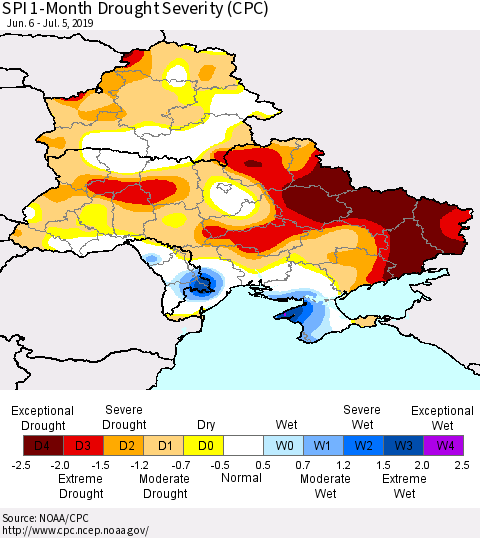 Ukraine, Moldova and Belarus SPI 1-Month Drought Severity (CPC) Thematic Map For 6/6/2019 - 7/5/2019