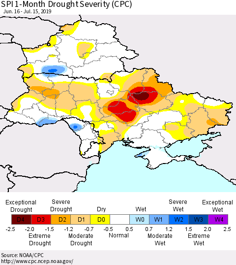 Ukraine, Moldova and Belarus SPI 1-Month Drought Severity (CPC) Thematic Map For 6/16/2019 - 7/15/2019