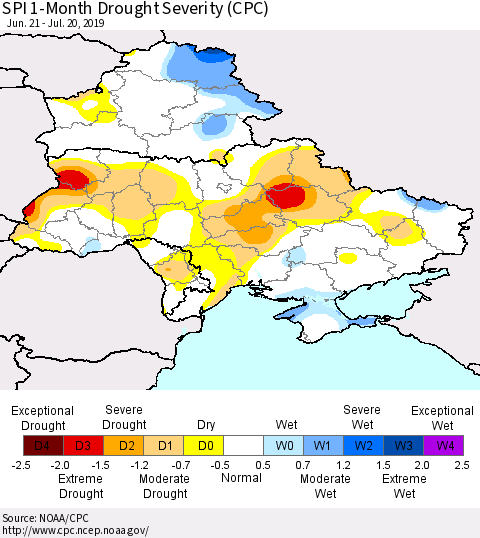 Ukraine, Moldova and Belarus SPI 1-Month Drought Severity (CPC) Thematic Map For 6/21/2019 - 7/20/2019