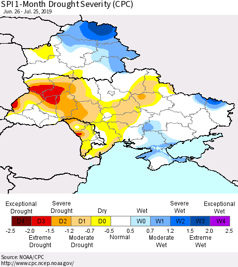 Ukraine, Moldova and Belarus SPI 1-Month Drought Severity (CPC) Thematic Map For 6/26/2019 - 7/25/2019