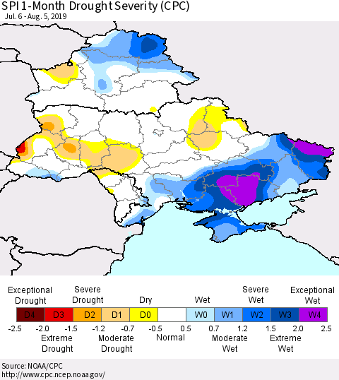 Ukraine, Moldova and Belarus SPI 1-Month Drought Severity (CPC) Thematic Map For 7/6/2019 - 8/5/2019