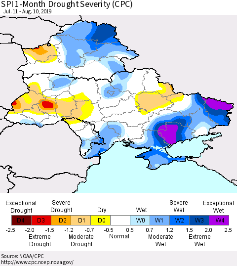 Ukraine, Moldova and Belarus SPI 1-Month Drought Severity (CPC) Thematic Map For 7/11/2019 - 8/10/2019