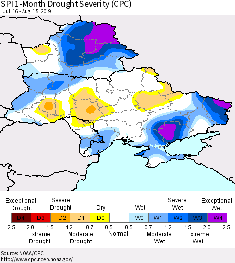 Ukraine, Moldova and Belarus SPI 1-Month Drought Severity (CPC) Thematic Map For 7/16/2019 - 8/15/2019