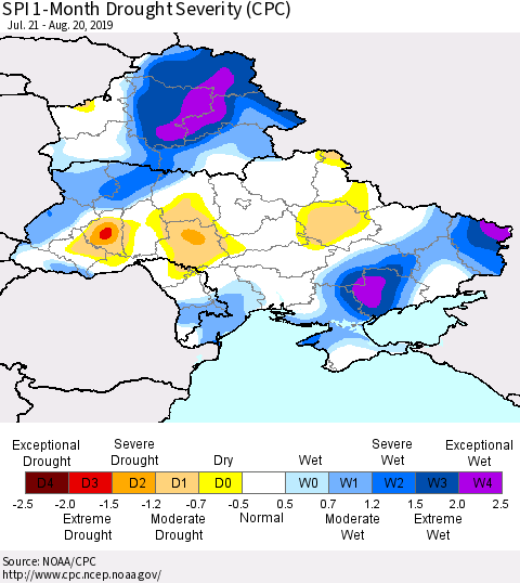 Ukraine, Moldova and Belarus SPI 1-Month Drought Severity (CPC) Thematic Map For 7/21/2019 - 8/20/2019
