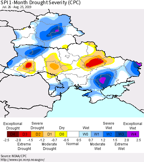 Ukraine, Moldova and Belarus SPI 1-Month Drought Severity (CPC) Thematic Map For 7/26/2019 - 8/25/2019