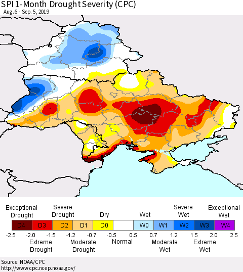 Ukraine, Moldova and Belarus SPI 1-Month Drought Severity (CPC) Thematic Map For 8/6/2019 - 9/5/2019