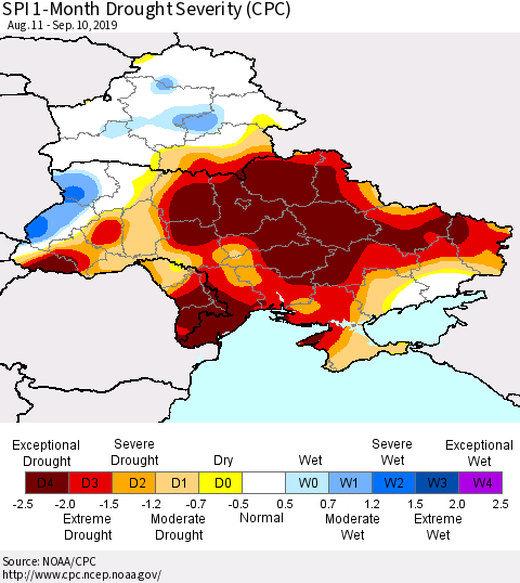 Ukraine, Moldova and Belarus SPI 1-Month Drought Severity (CPC) Thematic Map For 8/11/2019 - 9/10/2019