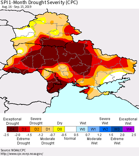 Ukraine, Moldova and Belarus SPI 1-Month Drought Severity (CPC) Thematic Map For 8/16/2019 - 9/15/2019