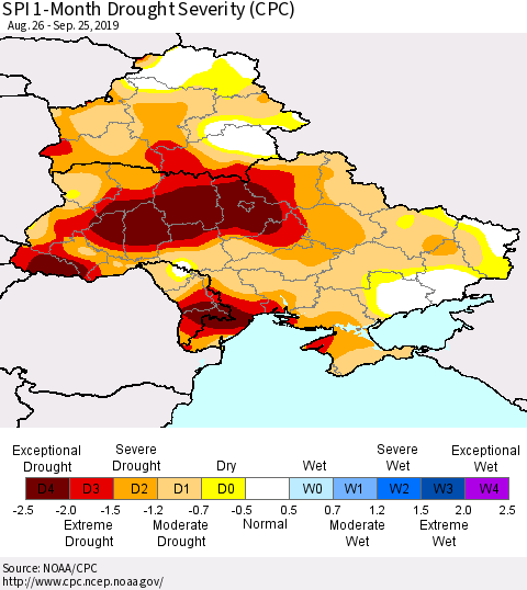 Ukraine, Moldova and Belarus SPI 1-Month Drought Severity (CPC) Thematic Map For 8/26/2019 - 9/25/2019