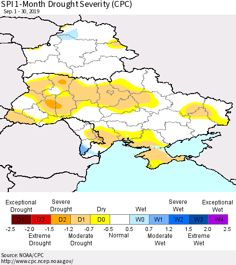 Ukraine, Moldova and Belarus SPI 1-Month Drought Severity (CPC) Thematic Map For 9/1/2019 - 9/30/2019