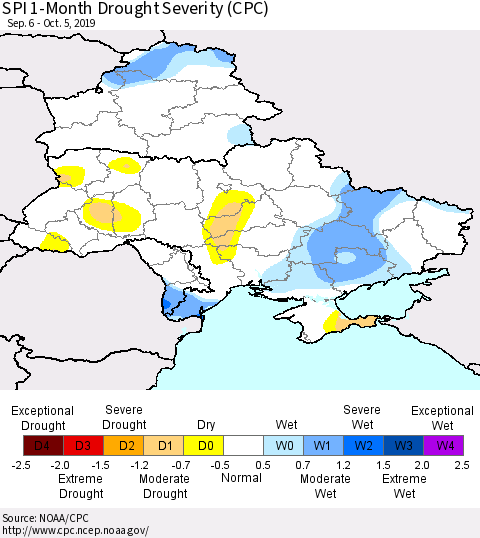 Ukraine, Moldova and Belarus SPI 1-Month Drought Severity (CPC) Thematic Map For 9/6/2019 - 10/5/2019