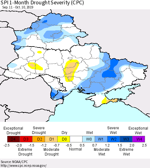 Ukraine, Moldova and Belarus SPI 1-Month Drought Severity (CPC) Thematic Map For 9/11/2019 - 10/10/2019