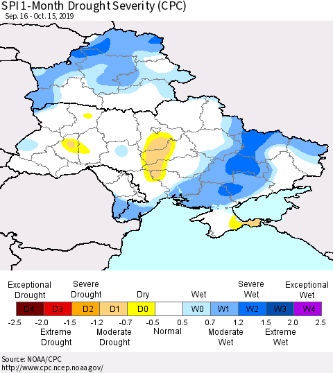 Ukraine, Moldova and Belarus SPI 1-Month Drought Severity (CPC) Thematic Map For 9/16/2019 - 10/15/2019