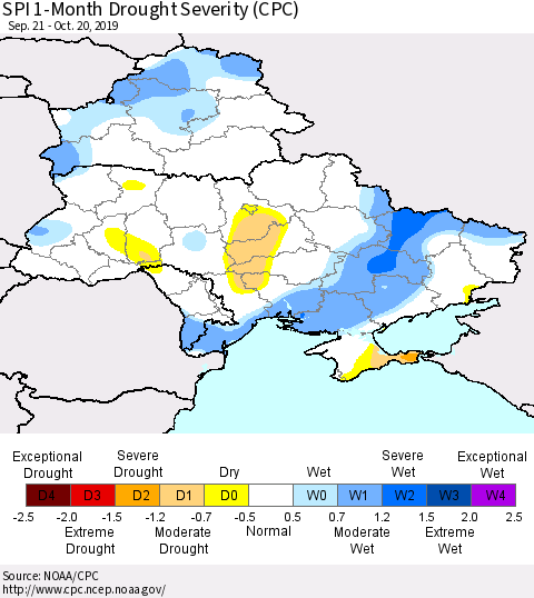 Ukraine, Moldova and Belarus SPI 1-Month Drought Severity (CPC) Thematic Map For 9/21/2019 - 10/20/2019