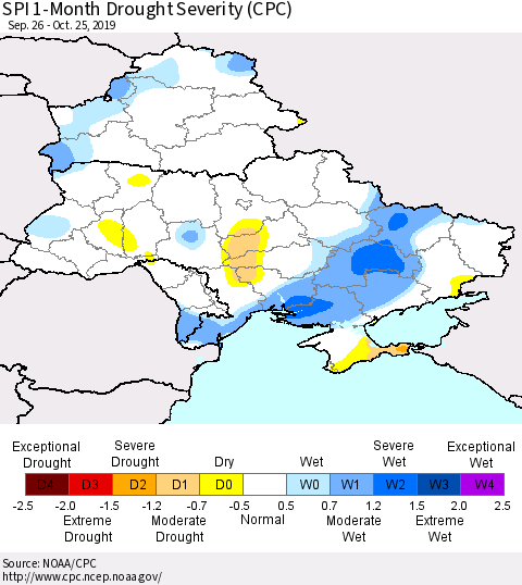 Ukraine, Moldova and Belarus SPI 1-Month Drought Severity (CPC) Thematic Map For 9/26/2019 - 10/25/2019