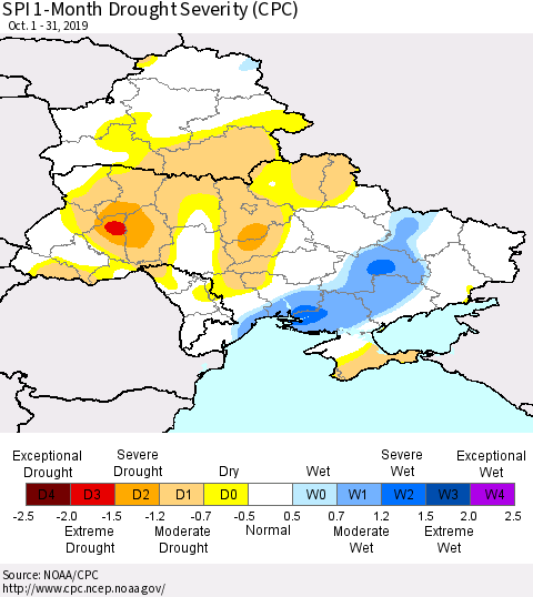Ukraine, Moldova and Belarus SPI 1-Month Drought Severity (CPC) Thematic Map For 10/1/2019 - 10/31/2019