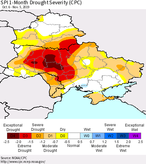 Ukraine, Moldova and Belarus SPI 1-Month Drought Severity (CPC) Thematic Map For 10/6/2019 - 11/5/2019
