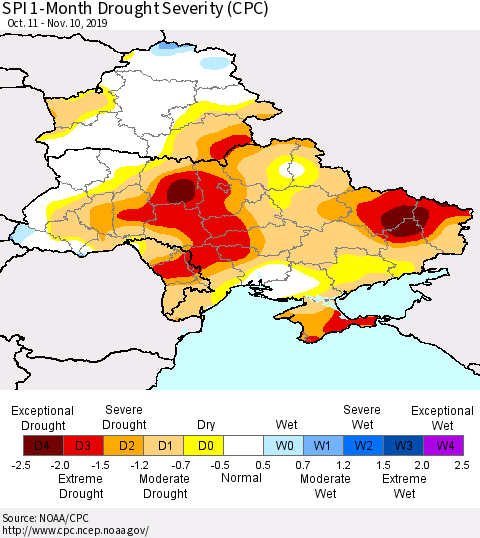 Ukraine, Moldova and Belarus SPI 1-Month Drought Severity (CPC) Thematic Map For 10/11/2019 - 11/10/2019