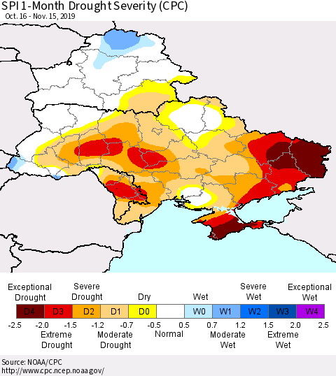 Ukraine, Moldova and Belarus SPI 1-Month Drought Severity (CPC) Thematic Map For 10/16/2019 - 11/15/2019