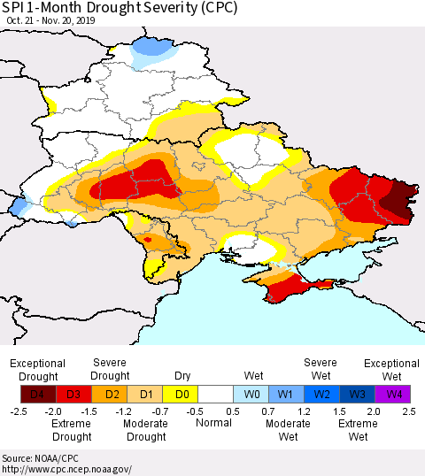 Ukraine, Moldova and Belarus SPI 1-Month Drought Severity (CPC) Thematic Map For 10/21/2019 - 11/20/2019