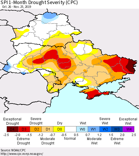 Ukraine, Moldova and Belarus SPI 1-Month Drought Severity (CPC) Thematic Map For 10/26/2019 - 11/25/2019