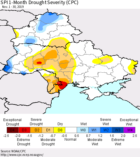 Ukraine, Moldova and Belarus SPI 1-Month Drought Severity (CPC) Thematic Map For 11/1/2019 - 11/30/2019