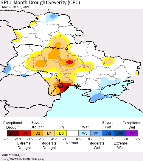 Ukraine, Moldova and Belarus SPI 1-Month Drought Severity (CPC) Thematic Map For 11/6/2019 - 12/5/2019