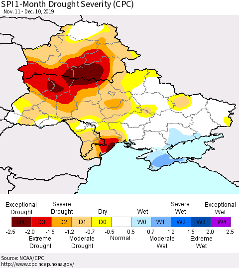 Ukraine, Moldova and Belarus SPI 1-Month Drought Severity (CPC) Thematic Map For 11/11/2019 - 12/10/2019