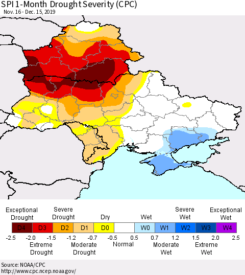 Ukraine, Moldova and Belarus SPI 1-Month Drought Severity (CPC) Thematic Map For 11/16/2019 - 12/15/2019