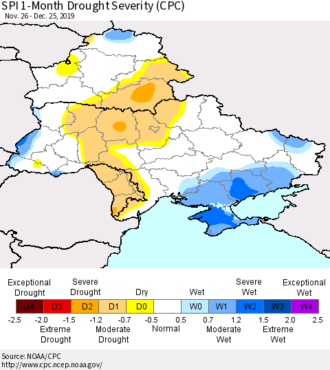 Ukraine, Moldova and Belarus SPI 1-Month Drought Severity (CPC) Thematic Map For 11/26/2019 - 12/25/2019