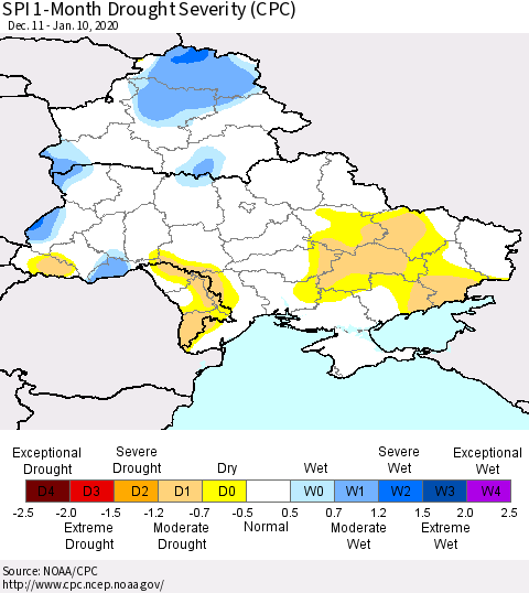 Ukraine, Moldova and Belarus SPI 1-Month Drought Severity (CPC) Thematic Map For 12/11/2019 - 1/10/2020