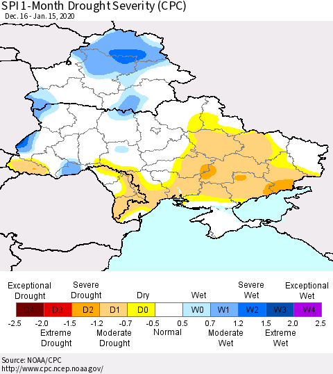 Ukraine, Moldova and Belarus SPI 1-Month Drought Severity (CPC) Thematic Map For 12/16/2019 - 1/15/2020