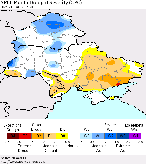 Ukraine, Moldova and Belarus SPI 1-Month Drought Severity (CPC) Thematic Map For 12/21/2019 - 1/20/2020