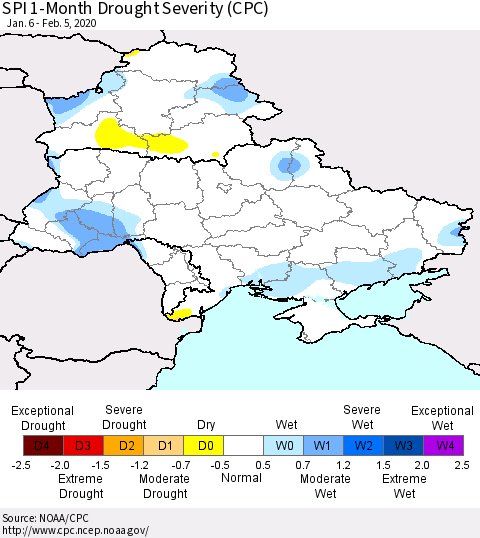 Ukraine, Moldova and Belarus SPI 1-Month Drought Severity (CPC) Thematic Map For 1/6/2020 - 2/5/2020