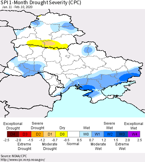 Ukraine, Moldova and Belarus SPI 1-Month Drought Severity (CPC) Thematic Map For 1/11/2020 - 2/10/2020