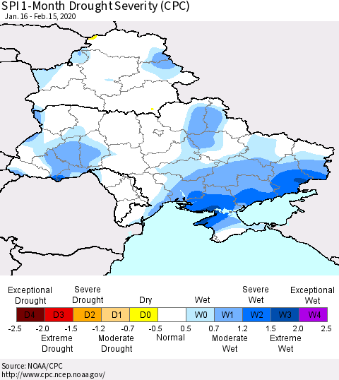 Ukraine, Moldova and Belarus SPI 1-Month Drought Severity (CPC) Thematic Map For 1/16/2020 - 2/15/2020