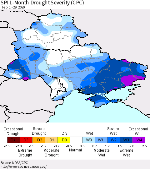 Ukraine, Moldova and Belarus SPI 1-Month Drought Severity (CPC) Thematic Map For 2/1/2020 - 2/29/2020
